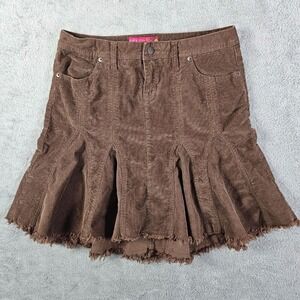 Y2K SO Corduroy Skirt Brown Mini Flared Frayed Hem Stretch Size 11 Dark Academia